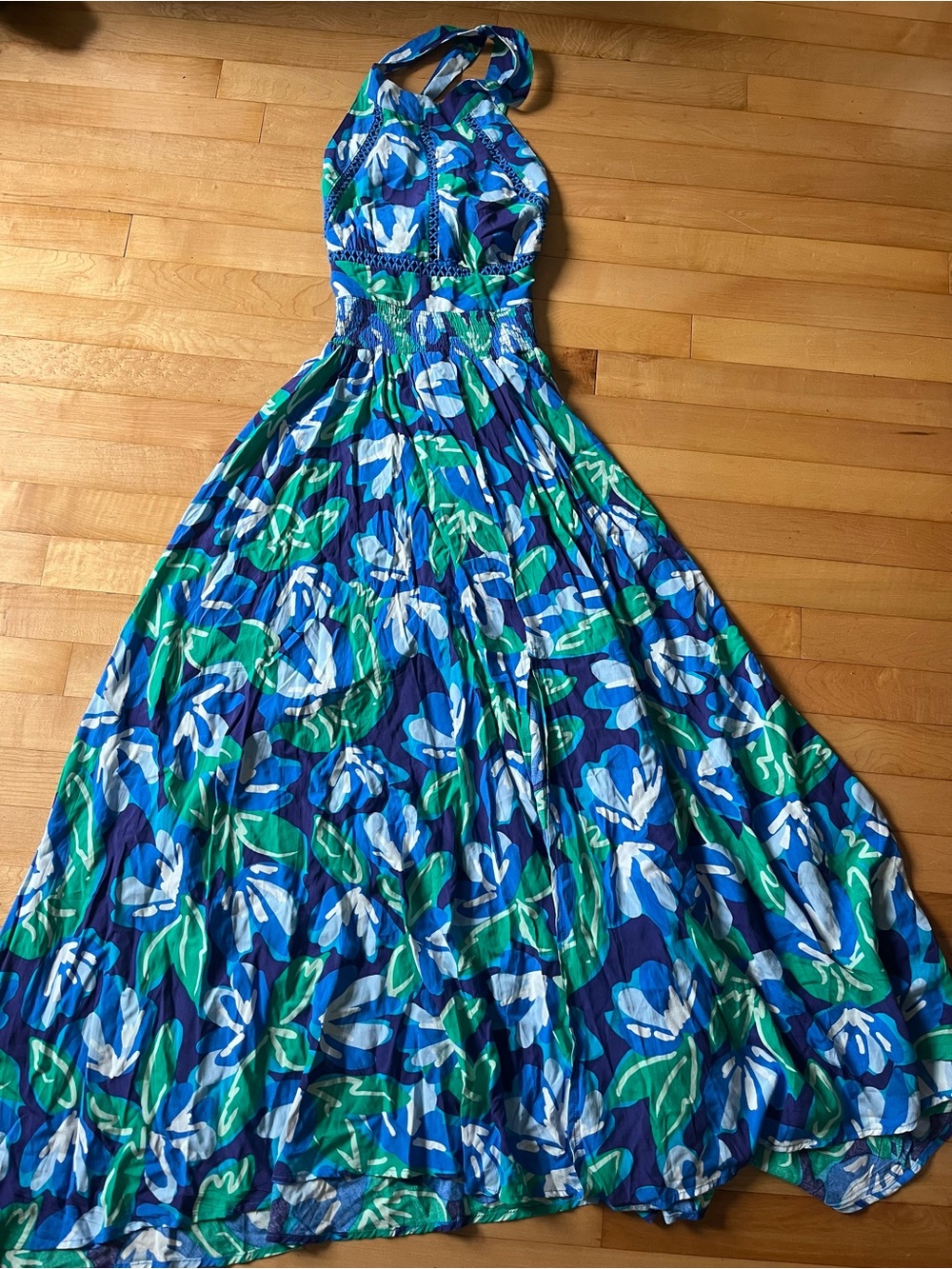 Blue & Green Floral Halter Maxi Dress